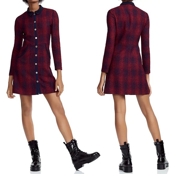 Maje Dresses & Skirts - Maje Renitia Tweed Red Navy Blue Mini Shirt Dress FR 4 US L (12-14)